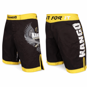 Short MMA KANGO noir et jaune modèle KMS-609 avec motif aigle et logo Fight For It – textile haute performance pour sports de combat
